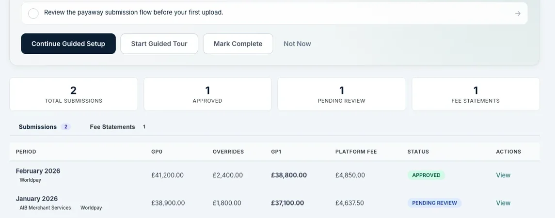 Valtura payaway workflow showing submissions, approvals, and fee statements.